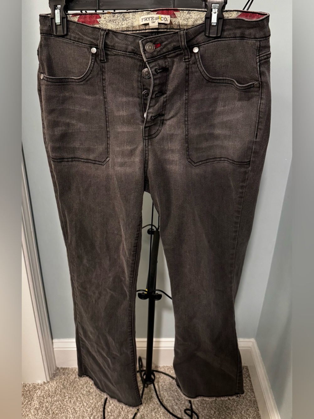 Frye & Co Black Gray Denim pants Women Sz 12 raw hem high waist kick flare crop